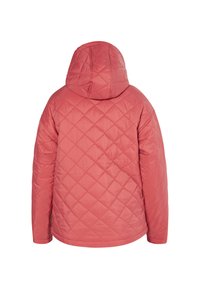 Quiltet, hættejakke i koralrød. Glat, let stof med diamantmønster. Har lange ærmer og en kant, der sidder ved hofterne.