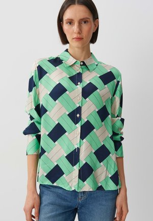 Groen en marineblauw gestreept overhemd met een geweven ontwerp, voorzien van een kraag en oprolbare mouwen, met een gladde satijnen textuur.