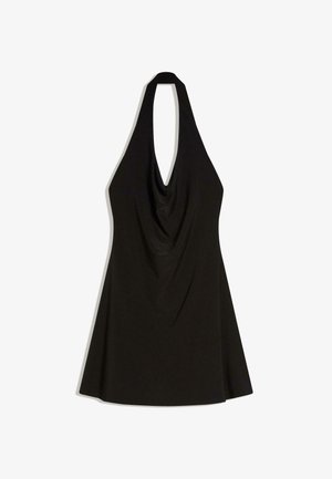 Black halter neck dress with a draped neckline and A-line silhouette, laid flat on a white background.