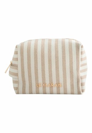 Săculeț din material bej cu dungi albe, fermoar auriu și logo-ul „LE MARAIS” cu litere aurii pe partea din față, în centru.