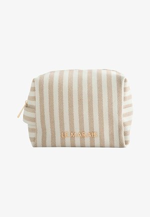 Bézs és fehér csíkos textil tasak arany cipzárral és az elülső középen arany betűkkel "LE MARAIS" logóval.