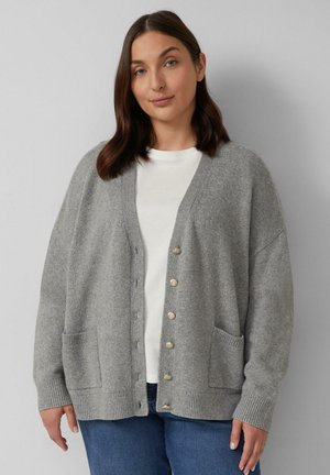 Grijze gebreide cardigan met een relaxte pasvorm, voorzien van een V-hals, vier gouden knopen en twee voorzakken. Ribgebreide manchetten en onderkant.