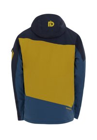 Farvet blokjakke med et design i mørkeblå, gul og marineblå. Inkluderer hætte og logodetalje på ryggen. Glat stoffinish.