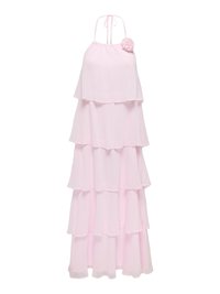 Robe longue à volants rose clair avec lien noué au cou et détail fleur décoratif sur la poitrine.