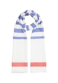 Écharpe blanche avec des rayures bleu et blanc, présentant un accent rouge aux extrémités. Fabriquée dans un matériau doux et léger avec des bords frangés.