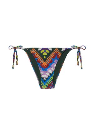 Bikini onderkant met een meerkleurig tribaal patroon, strikjes aan de zijkanten, donkergroene accenten, structuurstof en decoratieve gouden hardware.