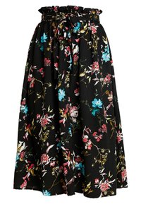 Bloemrok met een zwarte achtergrond en meerkleurige bloemen, met een gerimpelde elastische tailleband en een strikceintuur voor aanpassing.