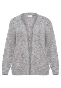 Light blue knitted cardigan with a loose fit, front pockets, and ribbed cuffs. Textured fabric features multi-colored flecks throughout.