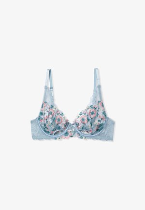 Light blue lace bra with floral embroidery in pink, green, and cream. It features adjustable straps and a scalloped edge along the cups.