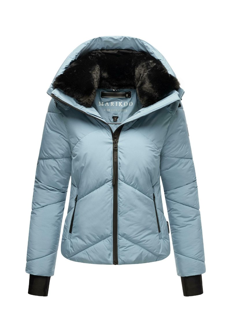 Light blue puffer jacket with a hood, featuring black faux fur trim, diagonal stitching patterns, and zippered side pockets.