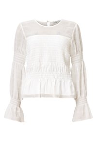 White top with gathered texture in the bodice and sleeves. Sheer fabric at the shoulders and flared cuffs. Button closure at the back.