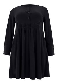 Schwarzes langärmliges Kleid mit runder Ausschnitt, Knopfleiste und gerafftem Rock. Hergestellt aus weichem Stoff, mit geknüpften Ärmeln und glatter Textur.