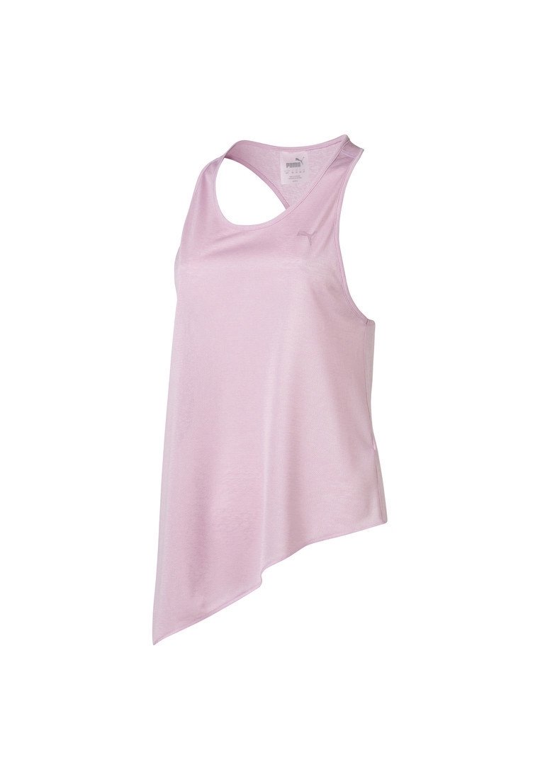 Sleeveless light pink tank top with a curved hem, featuring a scoop neck and a cutout design on one shoulder. Made from smooth, stretchy fabric.