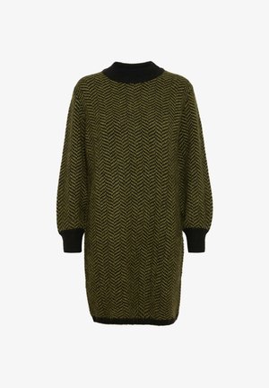 Pulover din tricotaj de culoare verde măslin, cu guler și manșete negre. Prezintă un model în diagonale și are o croială lejeră.