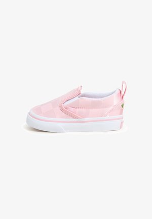 Rosa Slip-On-Sneaker mit einer gesteppten Satin-Oberfläche, weißer Sohle und hellrosa Akzenten. Verfügt über eine Zuglasche an der Ferse für ein einfaches Anziehen.