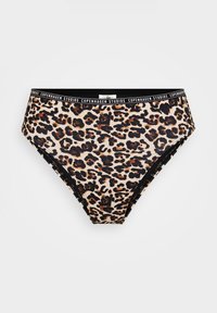 Bikinihose mit hoher Taille in braun-schwarzem Leopardenmuster und schwarzem Bund mit weißem Schriftzug "Copenhagen Studios".