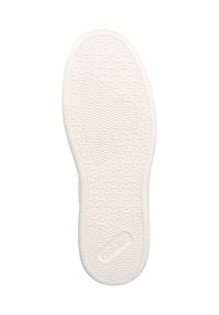 Weiße Sneaker-Sohle mit strukturiertem Grip-Muster, abgerundeter Spitze und flachem Profil. Mit einem Logo-Detail an der Seite und glatten Kanten.