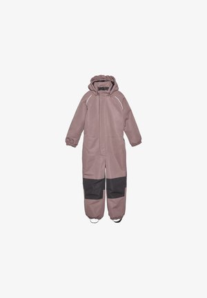 Children's snowsuit in soft mauve fabric with a zip front, elastic cuffs, and black knee patches. Features a hood with gathered edges and reflective accents.