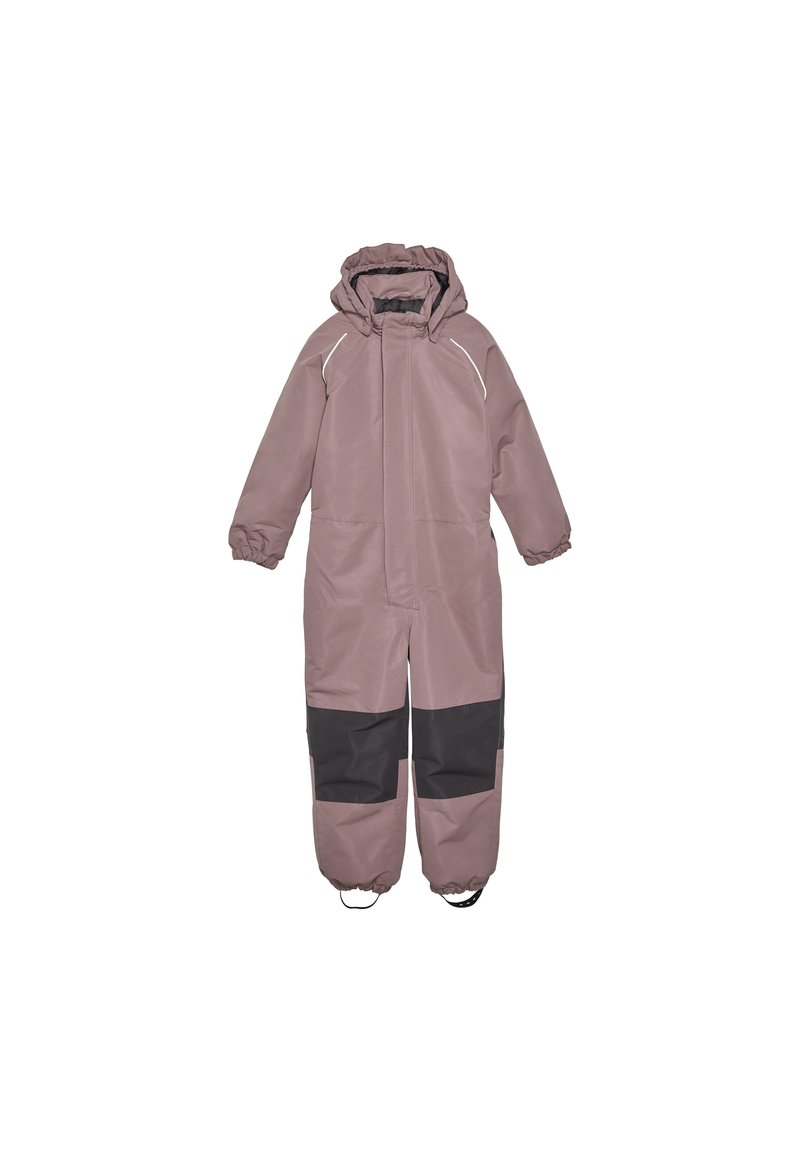 Barnes snowsuit i myk mauve stoff med glidelås foran, elastiske mansjetter og svarte knelapper. Har hette med samlede kanter og reflekterende detaljer.