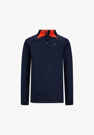 Marineblauer Pullover mit langen Ärmeln, einem Viertel-Reißverschluss am Hals und orangefarbenen Schulternakzenten. Aus glattem Stoff mit einem Logo-Patch auf der Brust gefertigt.