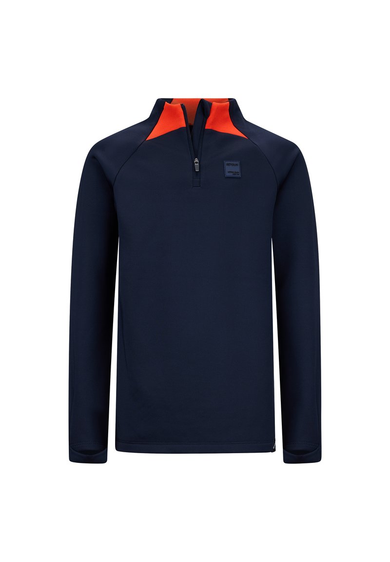 Pullover navy con maniche lunghe, colletto a zip a un quarto e dettagli arancioni sulle spalle. Realizzato in tessuto morbido con una patch del logo sul petto.