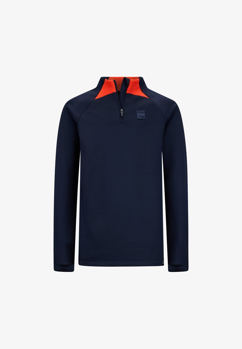 Marineblauer Pullover mit langen Ärmeln, einem Viertel-Reißverschluss am Hals und orangefarbenen Schulternakzenten. Aus glattem Stoff mit einem Logo-Patch auf der Brust gefertigt.