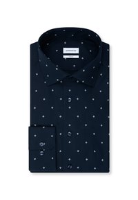 Marineblaues Slim-Fit-Hemd mit kleinem weißem Diamantmuster, durchgeknöpft vorne und Einzelknopf-Manschetten, ordentlich gefaltet.