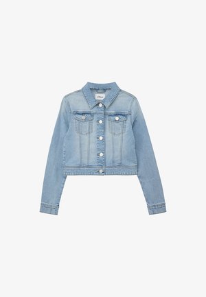 Lichtblauwe cropped spijkerjack met knopen aan de voorkant, twee borstzakken met knoopflappen en lange mouwen.