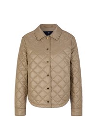 Beige gewatteerde jas met een kraag, knoopsluiting aan de voorkant en lange mouwen. Beschikt over een gladde textuur en een ruitenpatroon.