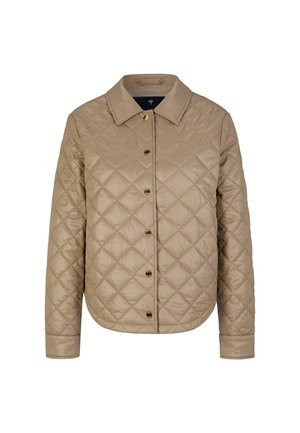 Gestepptes beiges Jacket mit Kragen, vorderem Knopfverschluss und langen Ärmeln. Besitzt eine glatte Textur und ein Rautenmuster.