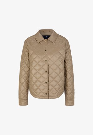 Gestepptes beiges Jacket mit Kragen, vorderem Knopfverschluss und langen Ärmeln. Besitzt eine glatte Textur und ein Rautenmuster.