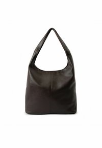 Sac à main en cuir marron foncé avec une forme hobo décontractée, doté d'une large bandoulière et d'une surface lisse et texturée.