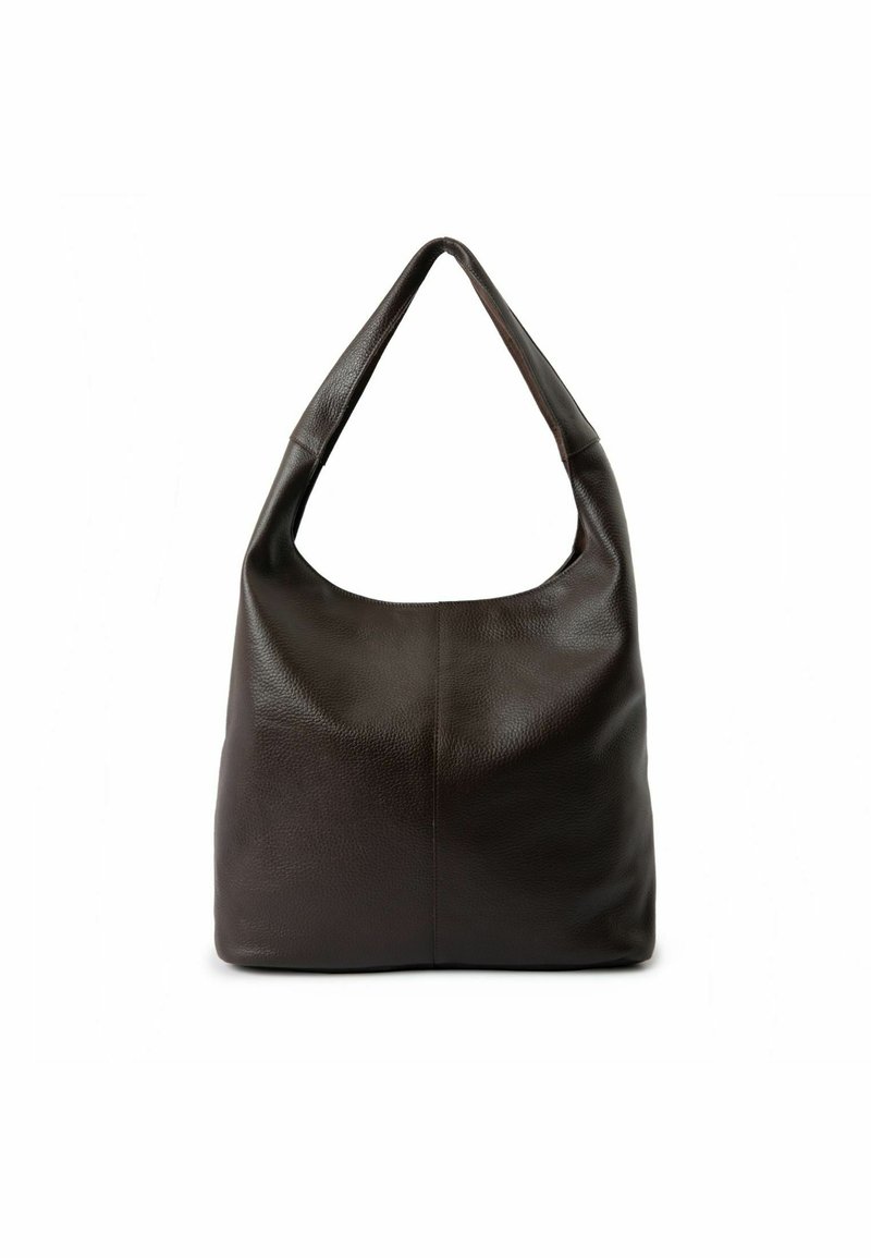 Sac à main en cuir marron foncé avec une forme hobo décontractée, doté d'une large bandoulière et d'une surface lisse et texturée.