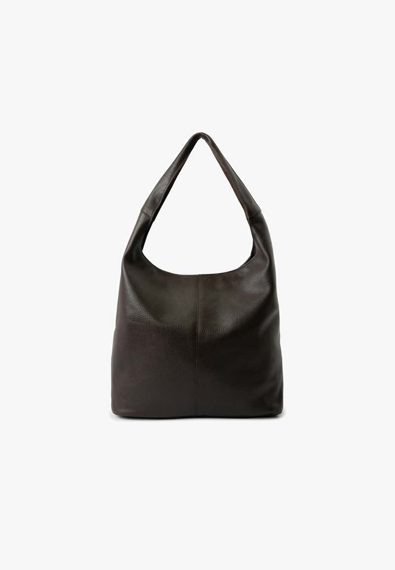 Dunkelbraune Lederhandtasche in lockerem Hobo-Style, mit einem breiten Schulterriemen und einer glatten, strukturierten Oberfläche.