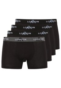 Black cotton boxer briefs with a gray elastic waistband featuring "LONDON" in white. Four pairs displayed in a stacked arrangement.