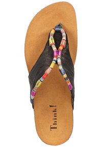 Black leather flip-flop with colorful beaded strap, cushioned tan footbed, and "Think!" branding embossed on the insole.