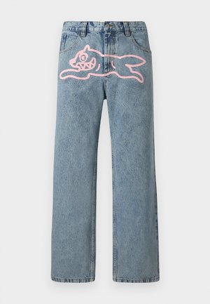 Light blue denim jeans with straight legs, featuring a large pink cartoon cat graphic on the left thigh. Classic five-pocket design.