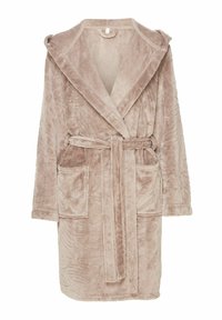Jasnobeżowy, miękki szlafrok z kołnierzem szalowym, paskiem do wiązania i dwoma przednimi kieszeniami; posiada teksturowany wzór na tkaninie.