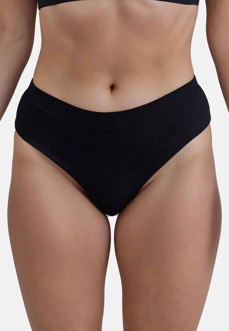 Bikini bottom nero a vita alta realizzato in tessuto morbido, con un design senza cuciture, copertura media e una cintura elastica.