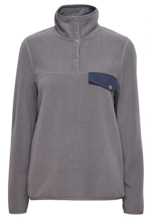 Gray fleece pullover with a high collar, three snap buttons at the neck, and a contrasting blue patch pocket on the left chest.