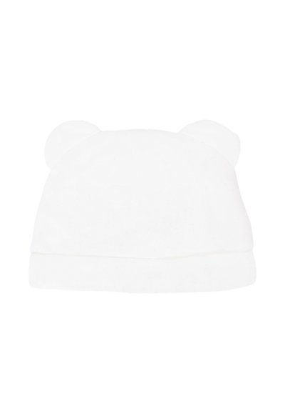 Beanie bianco di cotone con un orlo ripiegato e due orecchie arrotondate in cima. Morbido al tatto, design semplice. Nessun motivo o accenti aggiuntivi.