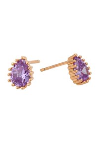Orecchini a chiodo in oro rosa con pietre viola a forma di pera circondate da un accento di perline. Il design è elegante con una finitura lucida.