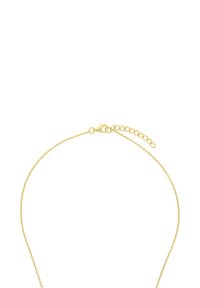 Hängande guldhalsband med små länkar och karbinhake, som har en justerbar förlängningskedja på vit bakgrund.