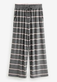 Grijze wijde broek van zachte stof, met roze horizontale strepen, een elastische tailleband met trekkoord en zijzakken.