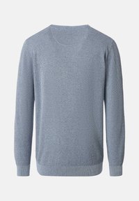 Maglione azzurro chiaro lavorato a maglia con motivo a rilievo, polsini e orlo a coste. Presenta maniche lunghe e scollo rotondo, mostrato di schiena.