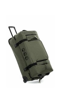 Borsa da viaggio duffel verde in tessuto, con maniglia estraibile, due tasche nere con zip, fascette laterali e ruote per la mobilità.