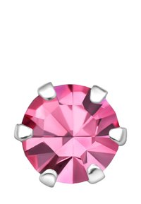 Cristallo rosa con taglio sfaccettato, montato su griffe argentate. Forma rotonda, finitura lucida, che mette in risalto i riflessi di luce e la profondità.