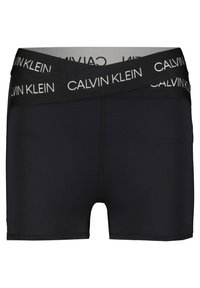 Boxer noir en tissu extensible, doté d'une ceinture double couche avec le logo "CALVIN KLEIN" imprimé en blanc.