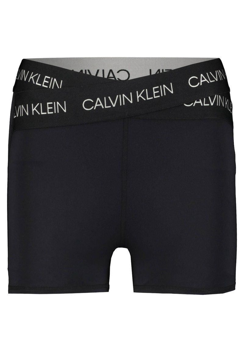 Boxer noir en tissu extensible, doté d'une ceinture double couche avec le logo "CALVIN KLEIN" imprimé en blanc.