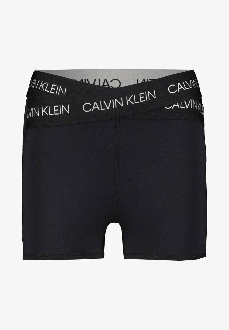 Boxer noir en tissu extensible, doté d'une ceinture double couche avec le logo "CALVIN KLEIN" imprimé en blanc.
